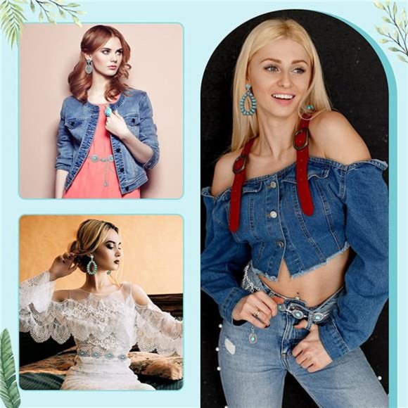 Newtay 4 Pcs Concho Chain Belt with Bohemian Dangle Metal Large Oval Earring main image 5